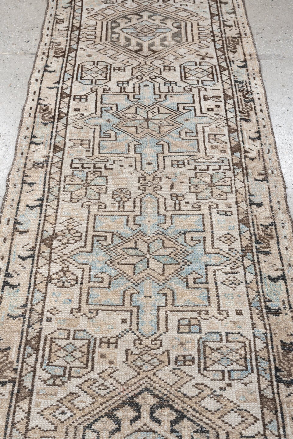 2' x 7' one-of-a-kind handmade antique Karaje runner rug. Color palette: ivory, pale blue, taupe, brown, charcoal, beige
