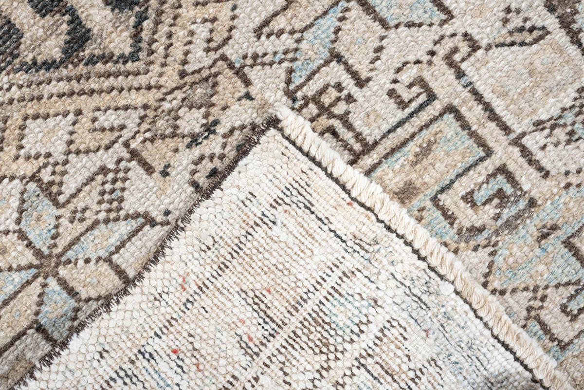 2' x 7' one-of-a-kind handmade antique Karaje runner rug. Color palette: ivory, pale blue, taupe, brown, charcoal, beige