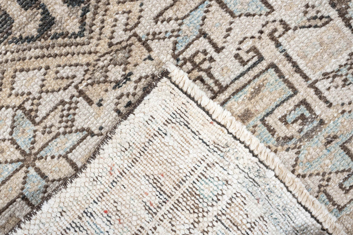 2' x 7' one-of-a-kind handmade antique Karaje runner rug. Color palette: ivory, pale blue, taupe, brown, charcoal, beige