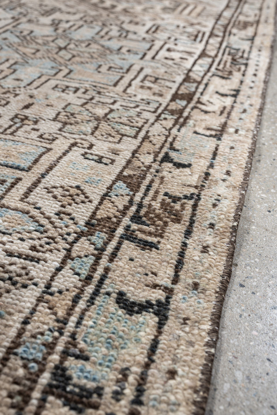 2' x 7' one-of-a-kind handmade antique Karaje runner rug. Color palette: ivory, pale blue, taupe, brown, charcoal, beige