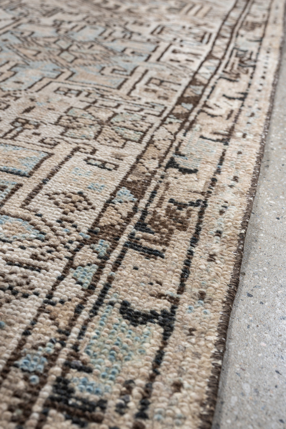 2' x 7' one-of-a-kind handmade antique Karaje runner rug. Color palette: ivory, pale blue, taupe, brown, charcoal, beige