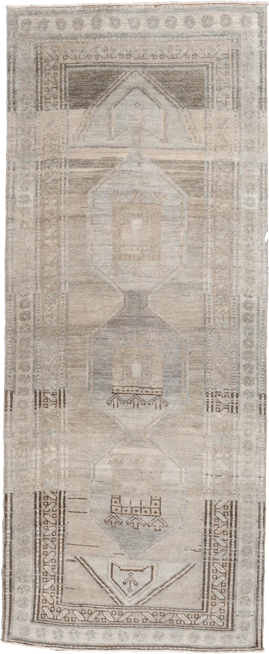 3' x 9' one-of-a-kind handmade antique Kurd runner rug. Color palette: taupe, ivory, blue gray, charcoal, camel, slate
