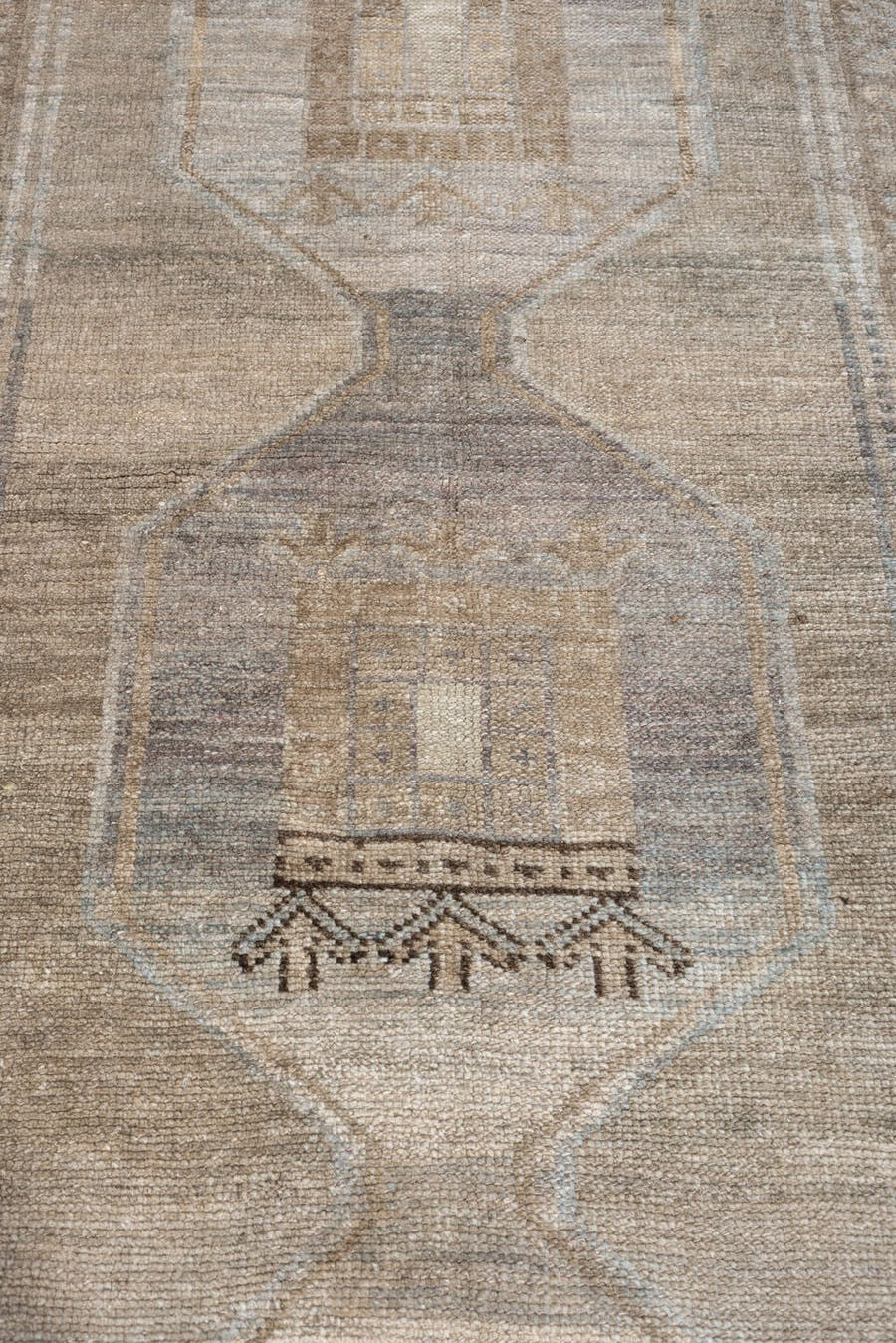 3' x 9' one-of-a-kind handmade antique Kurd runner rug. Color palette: taupe, ivory, blue gray, charcoal, camel, slate