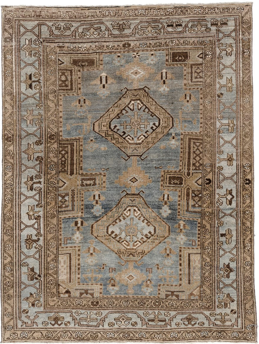 4' x 6' one-of-a-kind handmade antique Kurd rug. Color palette: blue gray, ivory, camel, taupe, dark brown, charcoal, beige