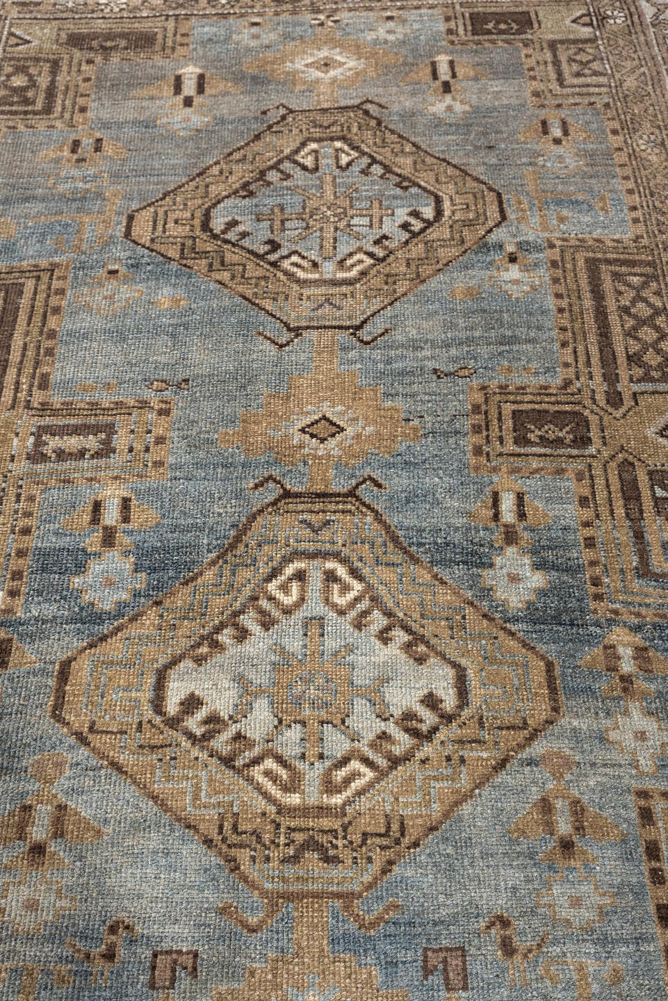 4' x 6' one-of-a-kind handmade antique Kurd rug. Color palette: blue gray, ivory, camel, taupe, dark brown, charcoal, beige
