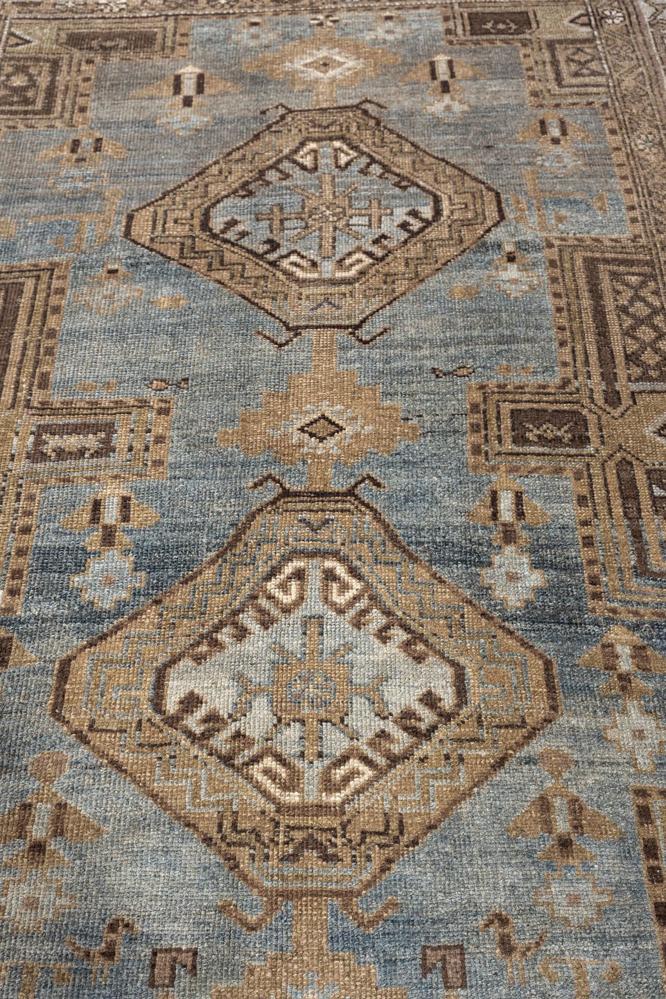 4' x 6' one-of-a-kind handmade antique Kurd rug. Color palette: blue gray, ivory, camel, taupe, dark brown, charcoal, beige