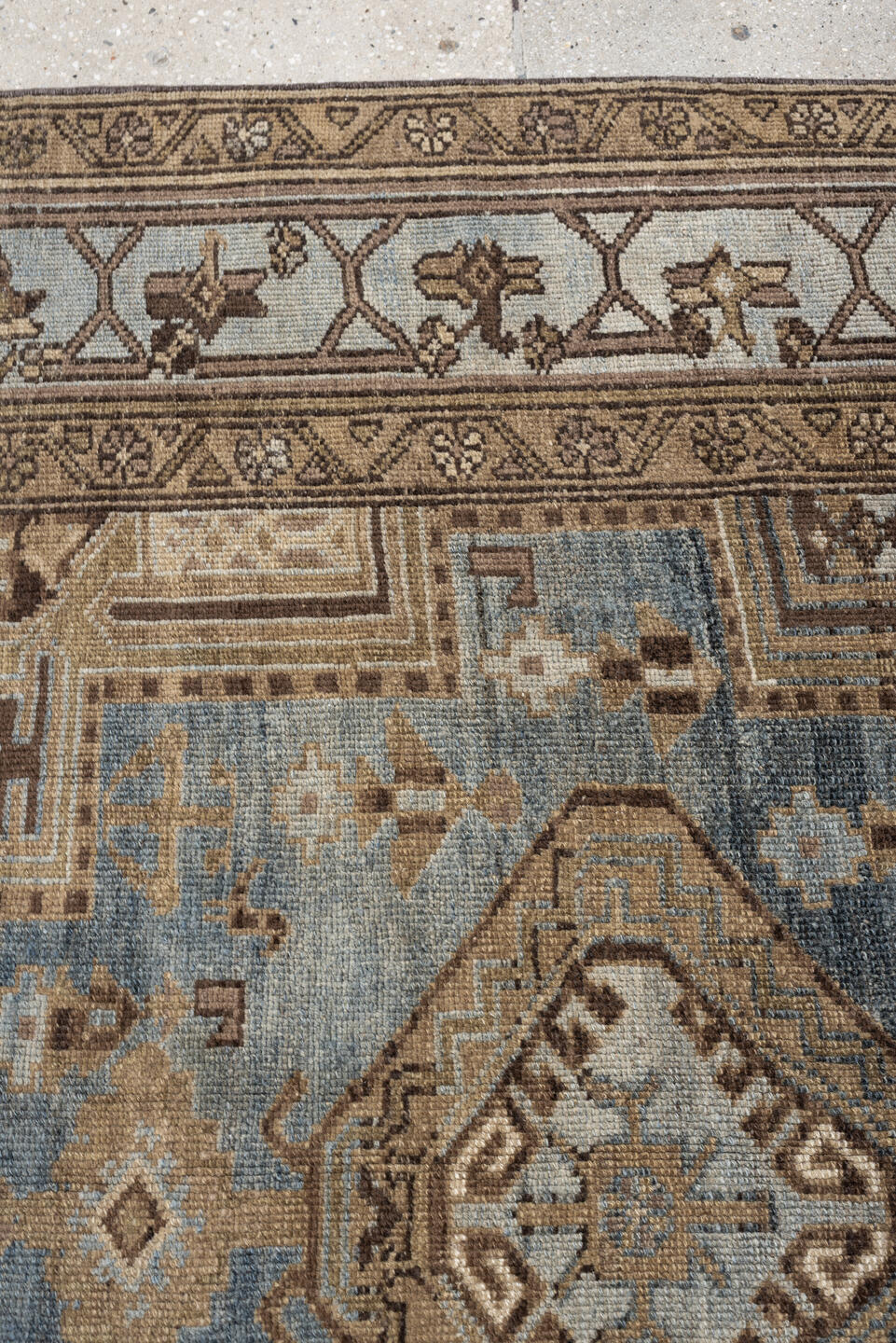 4' x 6' one-of-a-kind handmade antique Kurd rug. Color palette: blue gray, ivory, camel, taupe, dark brown, charcoal, beige