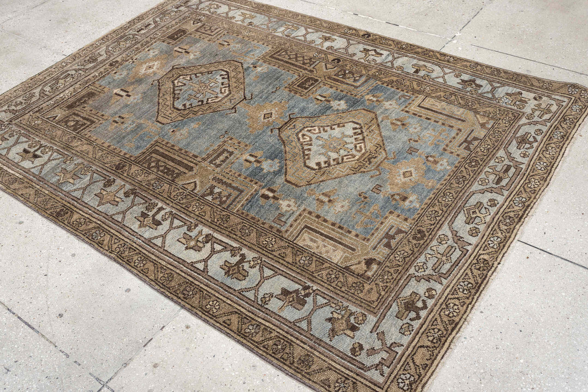 4' x 6' one-of-a-kind handmade antique Kurd rug. Color palette: blue gray, ivory, camel, taupe, dark brown, charcoal, beige