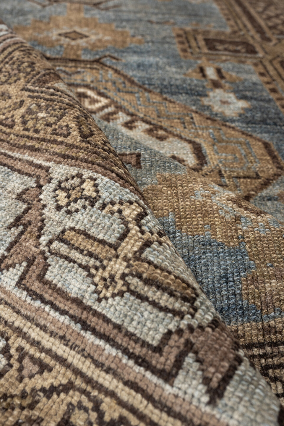 4' x 6' one-of-a-kind handmade antique Kurd rug. Color palette: blue gray, ivory, camel, taupe, dark brown, charcoal, beige