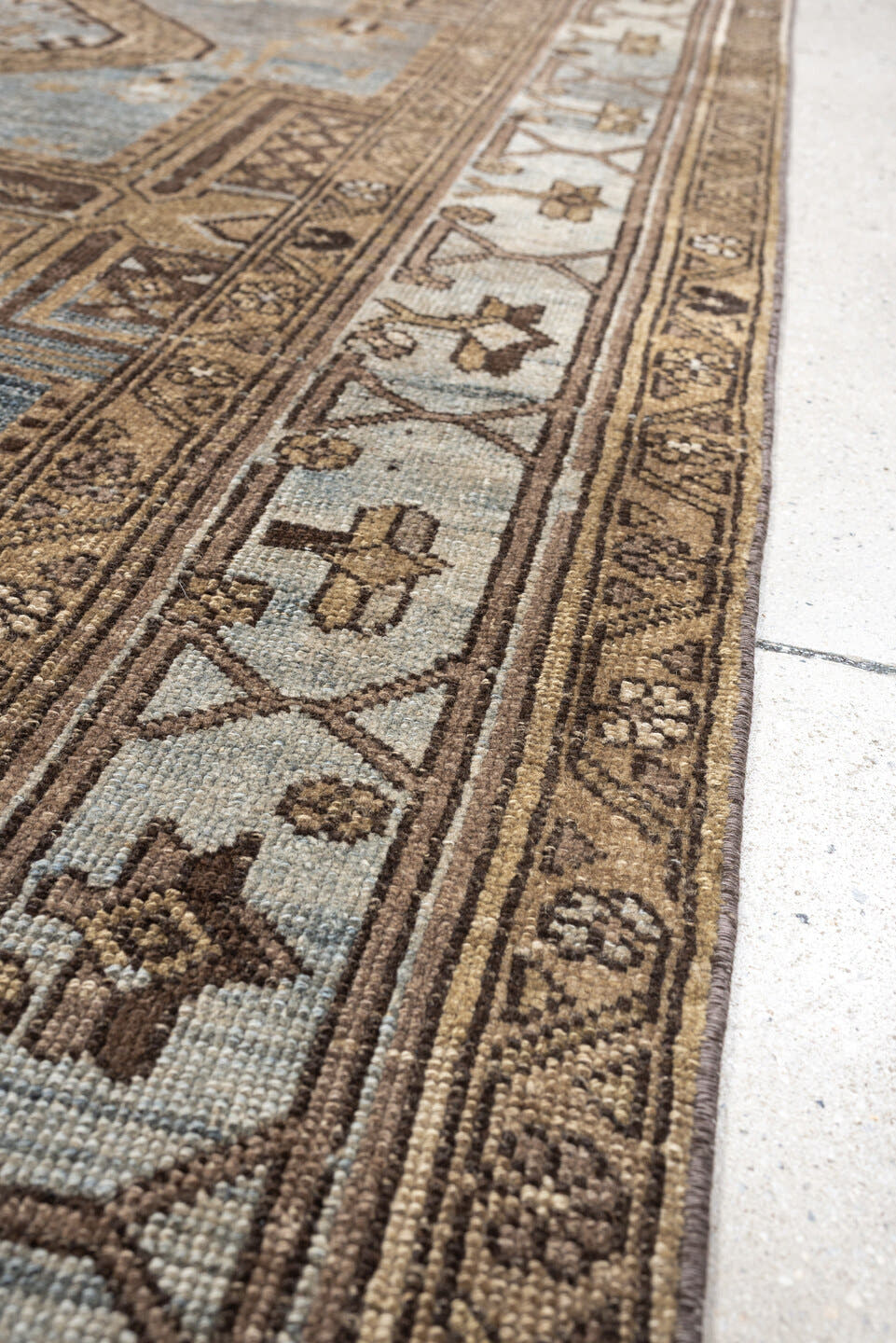 4' x 6' one-of-a-kind handmade antique Kurd rug. Color palette: blue gray, ivory, camel, taupe, dark brown, charcoal, beige