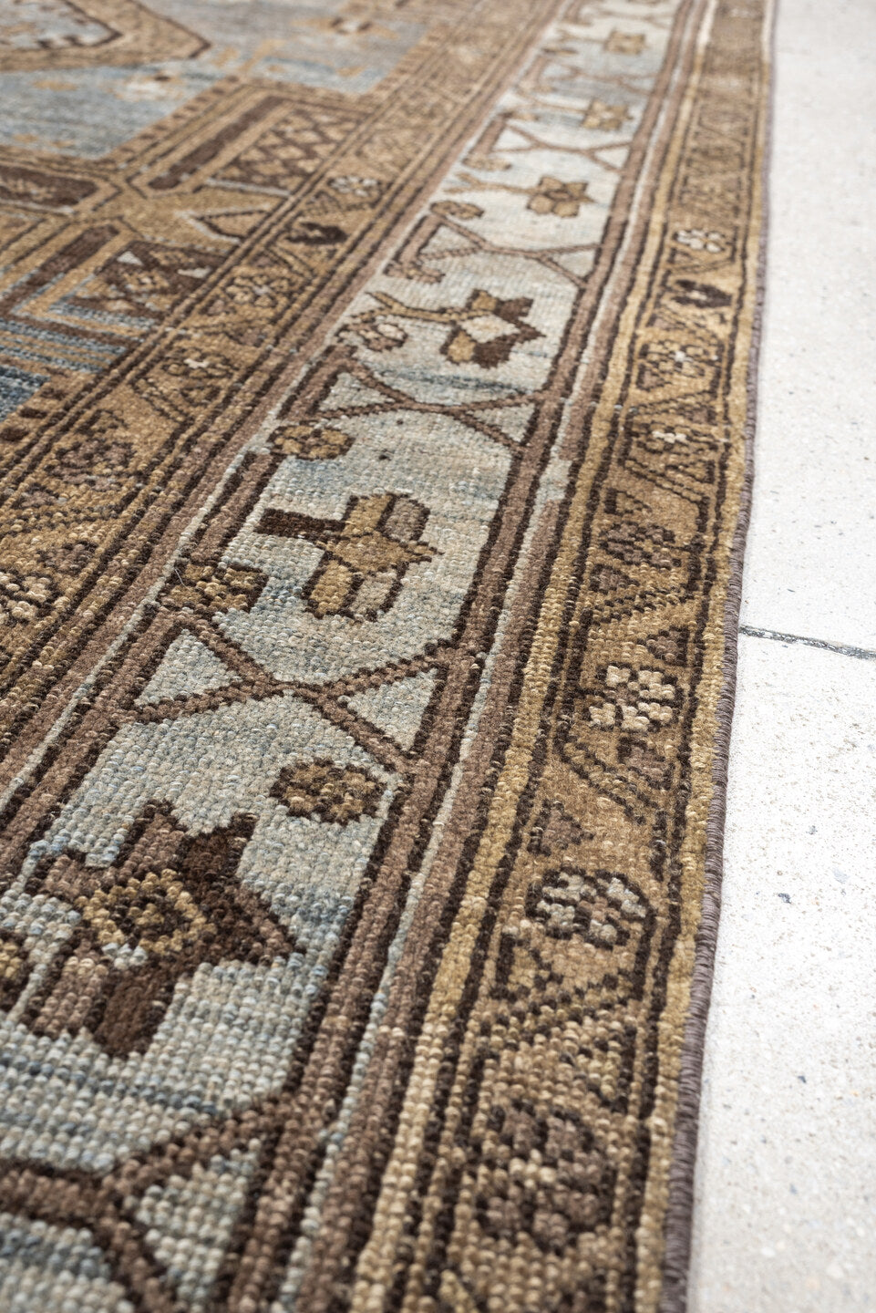 4' x 6' one-of-a-kind handmade antique Kurd rug. Color palette: blue gray, ivory, camel, taupe, dark brown, charcoal, beige