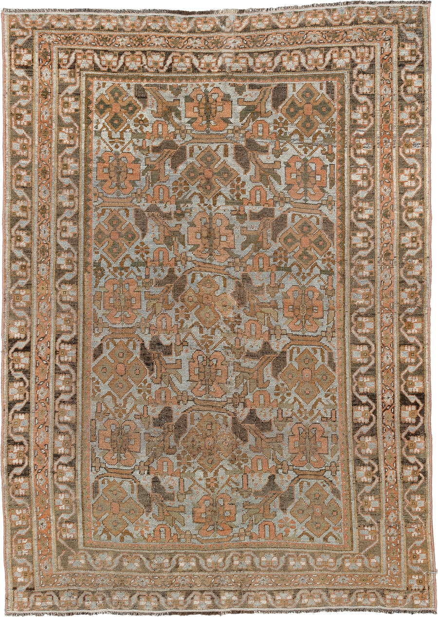 4' x 5' one-of-a-kind handmade antique Afshar small size rug. Color palette: sage, terracotta, ivory, brown, taupe, charcoal