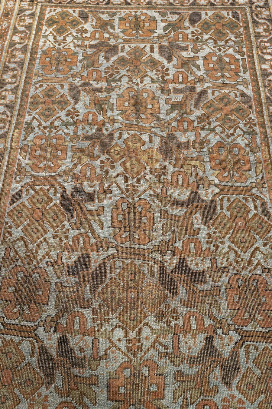 4' x 5' one-of-a-kind handmade antique Afshar small size rug. Color palette: sage, terracotta, ivory, brown, taupe, charcoal