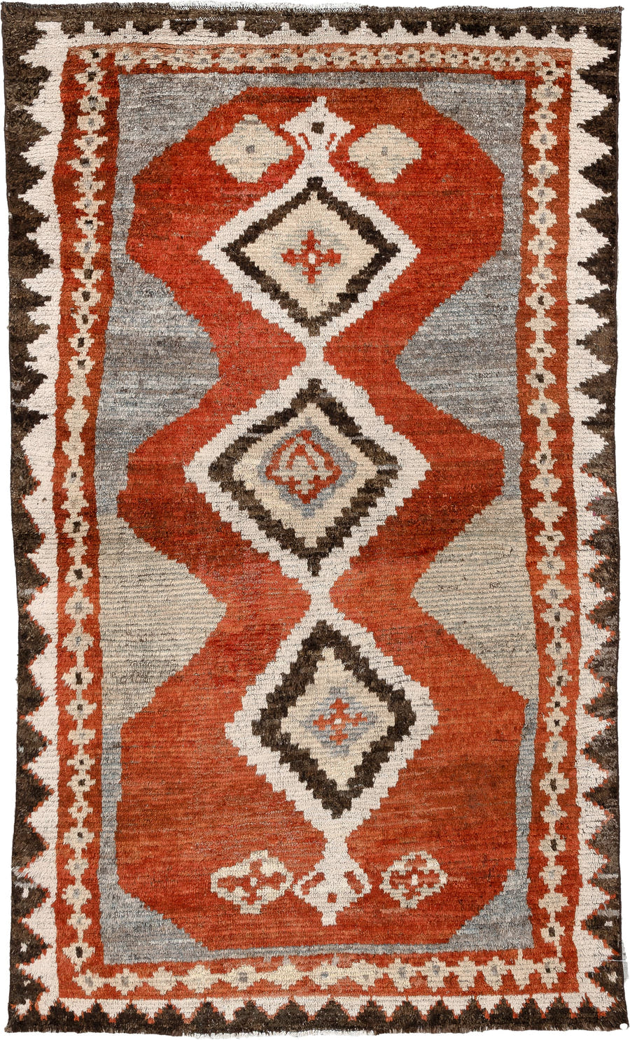 4' x 7' one-of-a-kind handmade antique Gabbe rug. Color palette: rust, ivory, gray, dark brown, cream, charcoal, terracotta