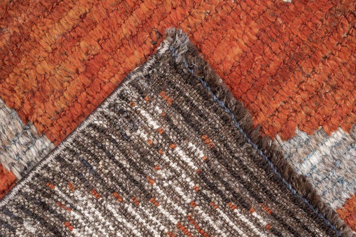 4' x 7' one-of-a-kind handmade antique Gabbe rug. Color palette: rust, ivory, gray, dark brown, cream, charcoal, terracotta