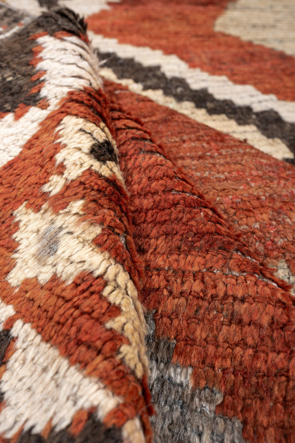 4' x 7' one-of-a-kind handmade antique Gabbe rug. Color palette: rust, ivory, gray, dark brown, cream, charcoal, terracotta
