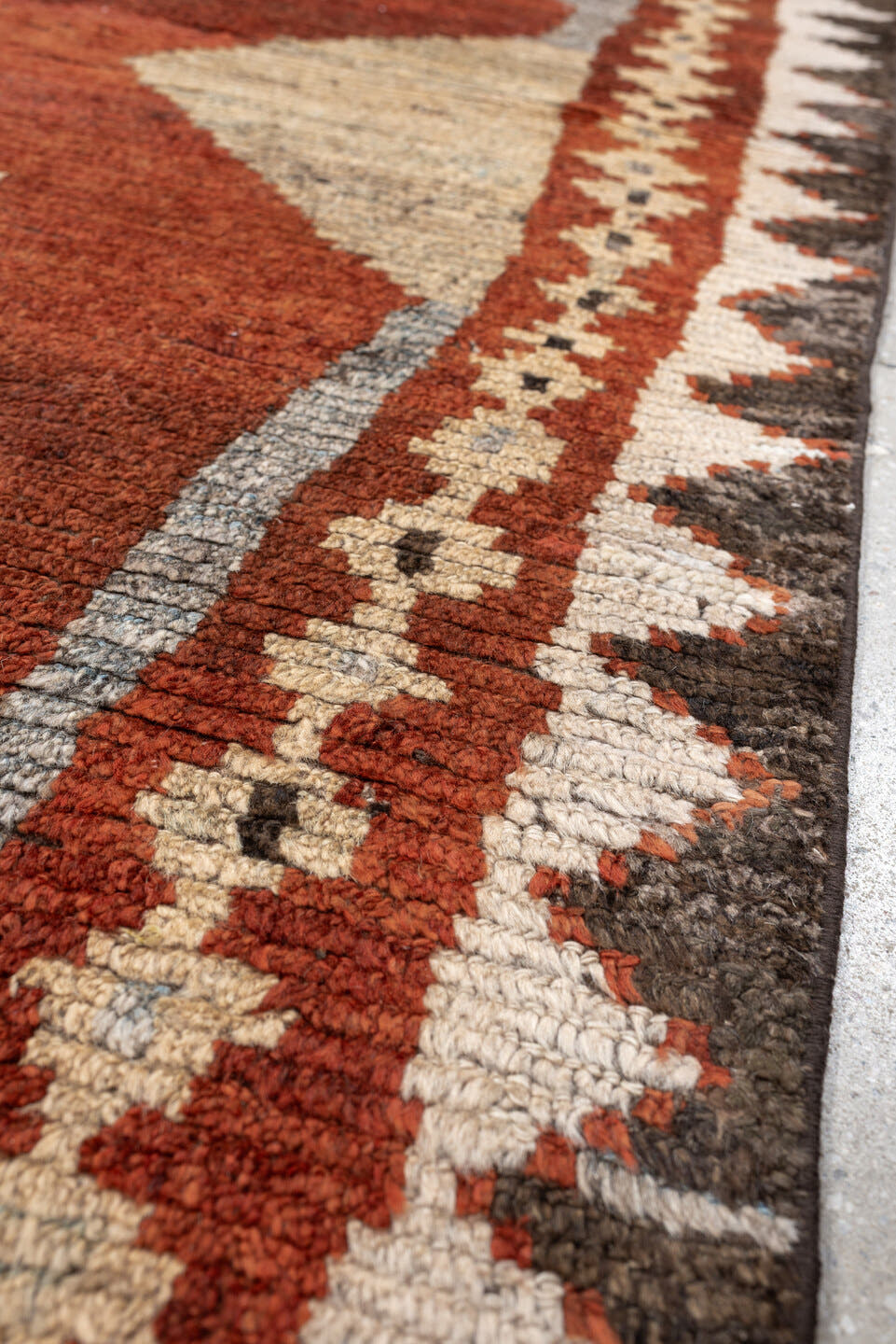 4' x 7' one-of-a-kind handmade antique Gabbe rug. Color palette: rust, ivory, gray, dark brown, cream, charcoal, terracotta