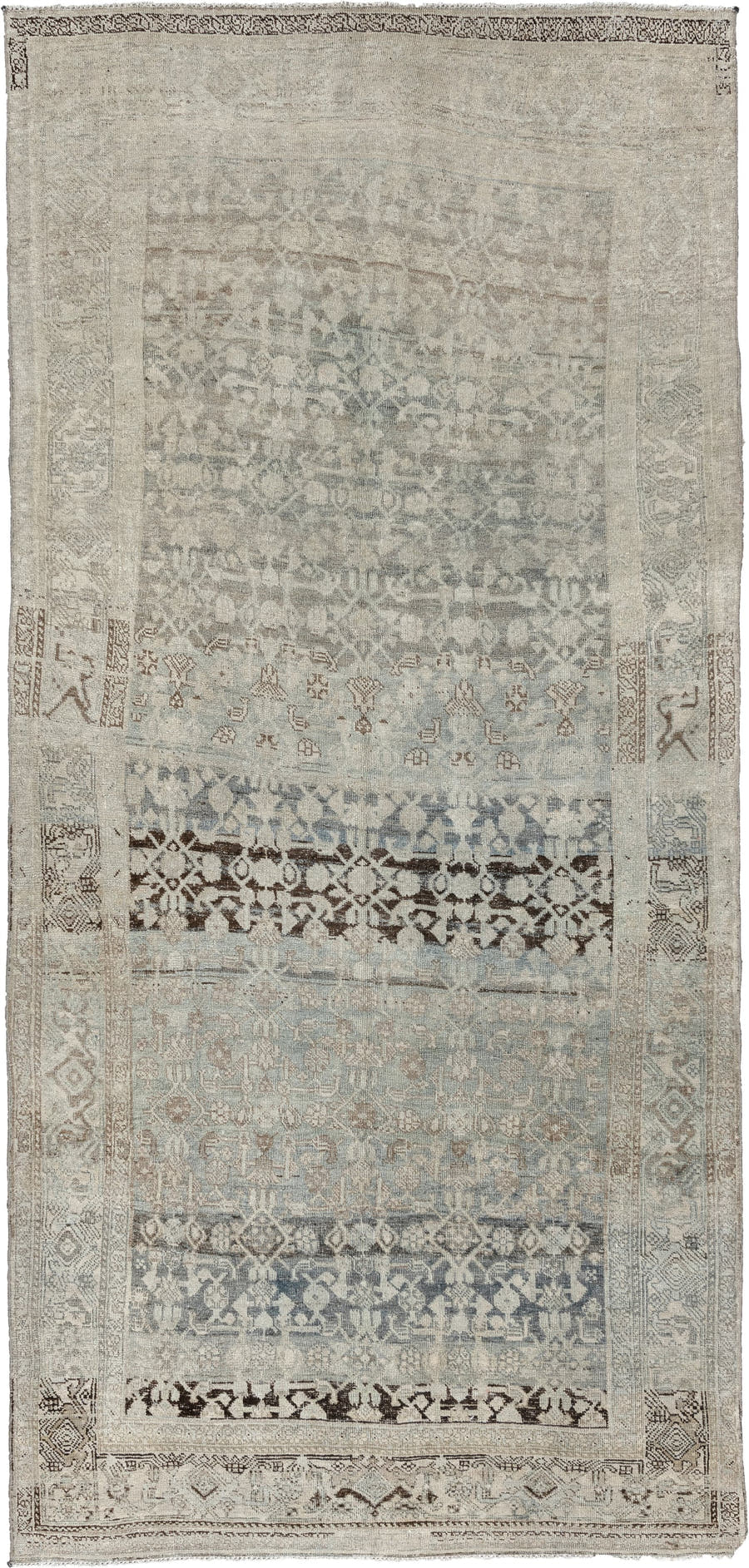 4' x 9' one-of-a-kind handmade antique Bidjar runner rug. Color palette: ivory, blue gray, taupe, charcoal, brown, sage