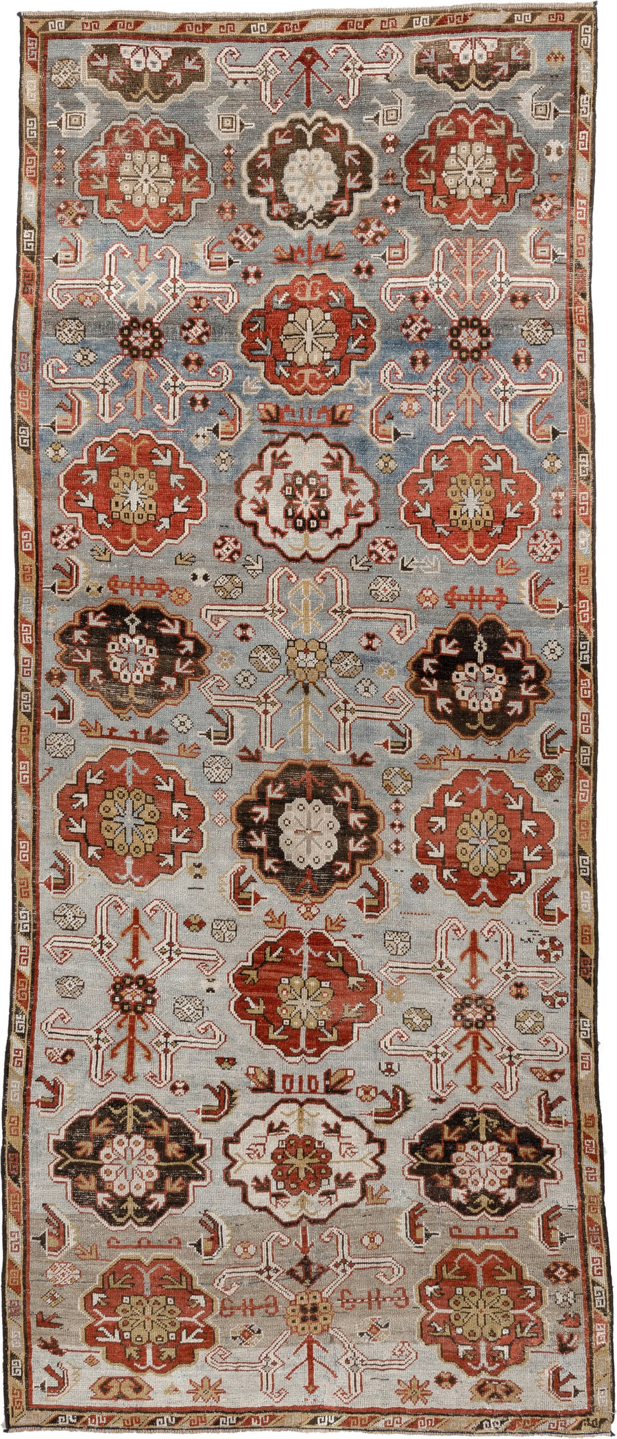 4' x 9' one-of-a-kind handmade antique Kuba runner rug. Color palette: blue gray, rust, ivory, charcoal, dark brown, tan