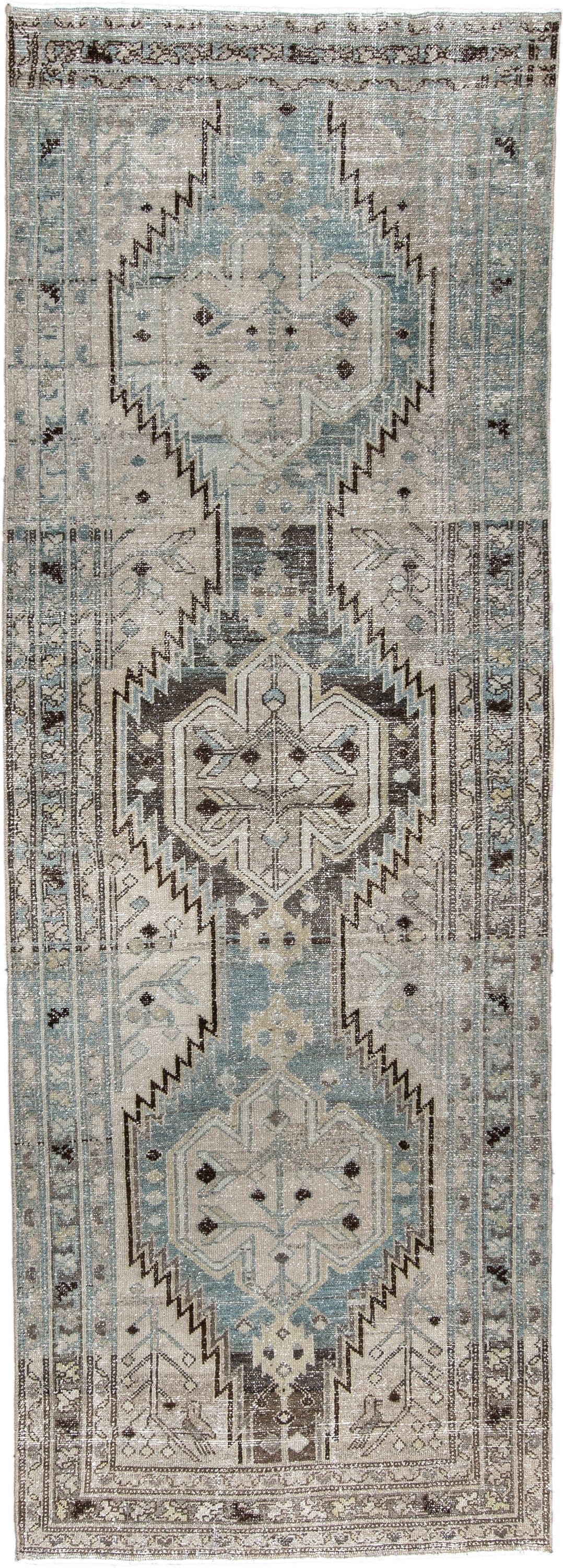 3' x 9' one-of-a-kind handmade antique Mazlagan runner rug. Color palette: blue gray, ivory, taupe, charcoal, brown, slate