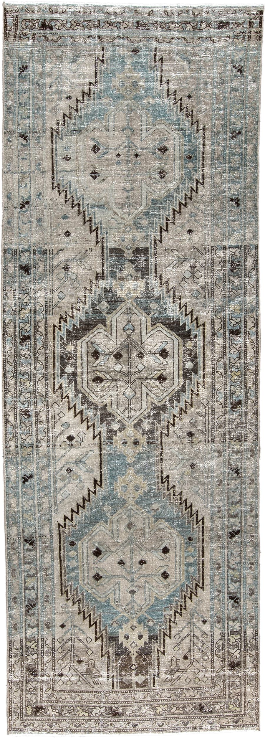 3' x 9' one-of-a-kind handmade antique Mazlagan runner rug. Color palette: blue gray, ivory, taupe, charcoal, brown, slate