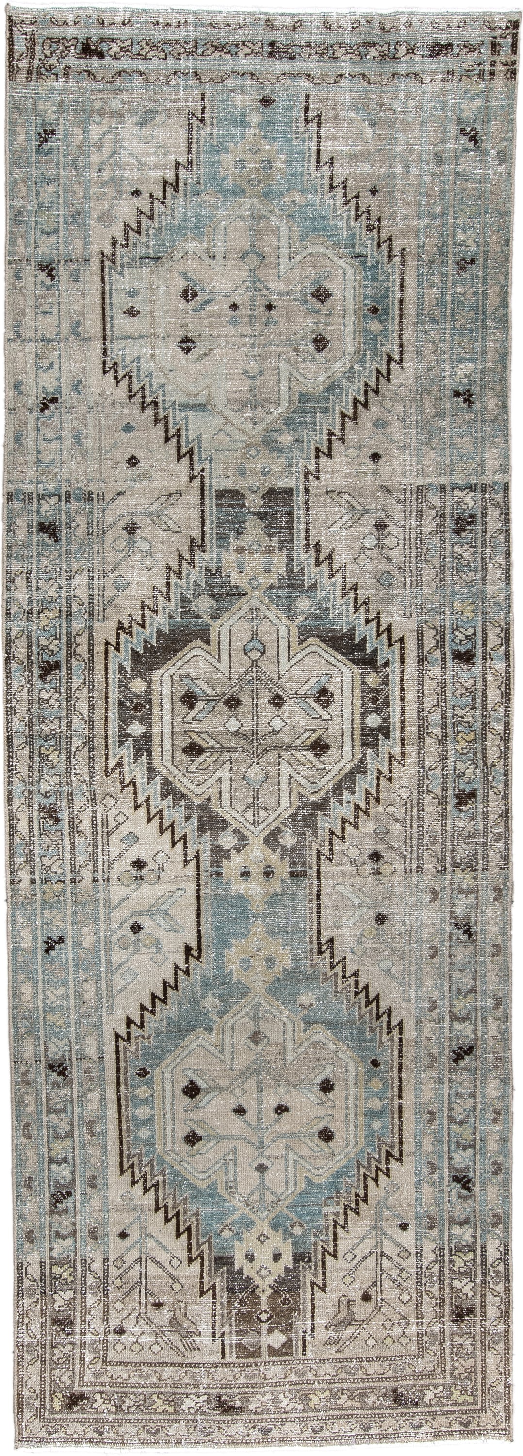 3' x 9' one-of-a-kind handmade antique Mazlagan runner rug. Color palette: blue gray, ivory, taupe, charcoal, brown, slate