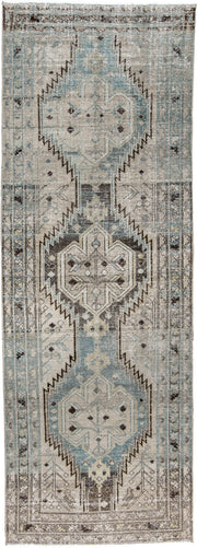 3' x 9' one-of-a-kind handmade antique Mazlagan runner rug. Color palette: blue gray, ivory, taupe, charcoal, brown, slate