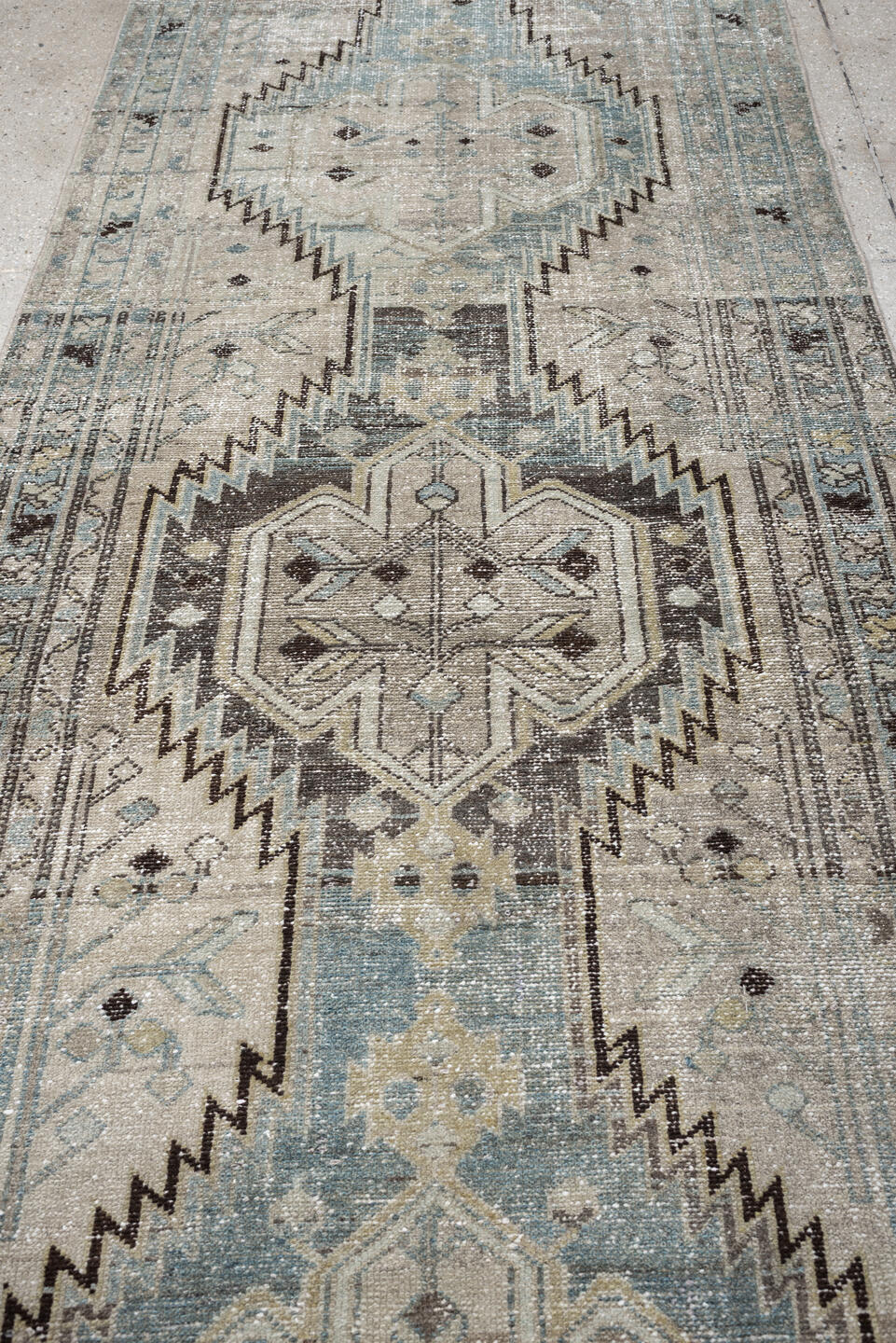 3' x 9' one-of-a-kind handmade antique Mazlagan runner rug. Color palette: blue gray, ivory, taupe, charcoal, brown, slate
