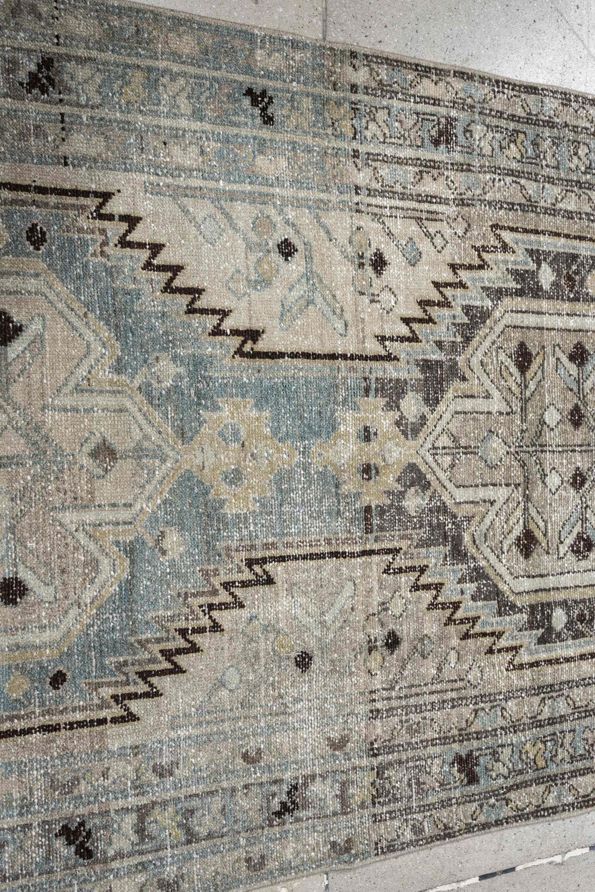 3' x 9' one-of-a-kind handmade antique Mazlagan runner rug. Color palette: blue gray, ivory, taupe, charcoal, brown, slate