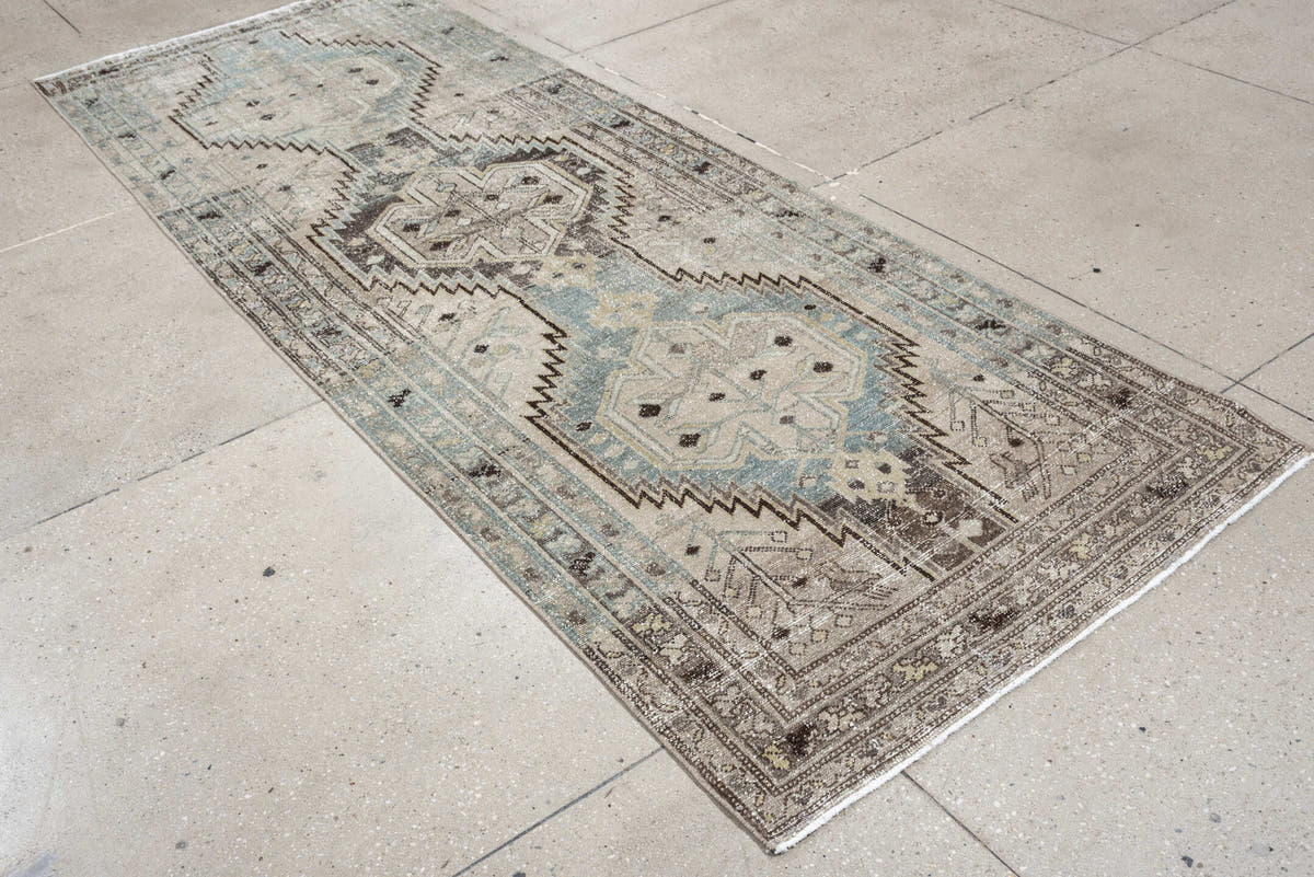3' x 9' one-of-a-kind handmade antique Mazlagan runner rug. Color palette: blue gray, ivory, taupe, charcoal, brown, slate