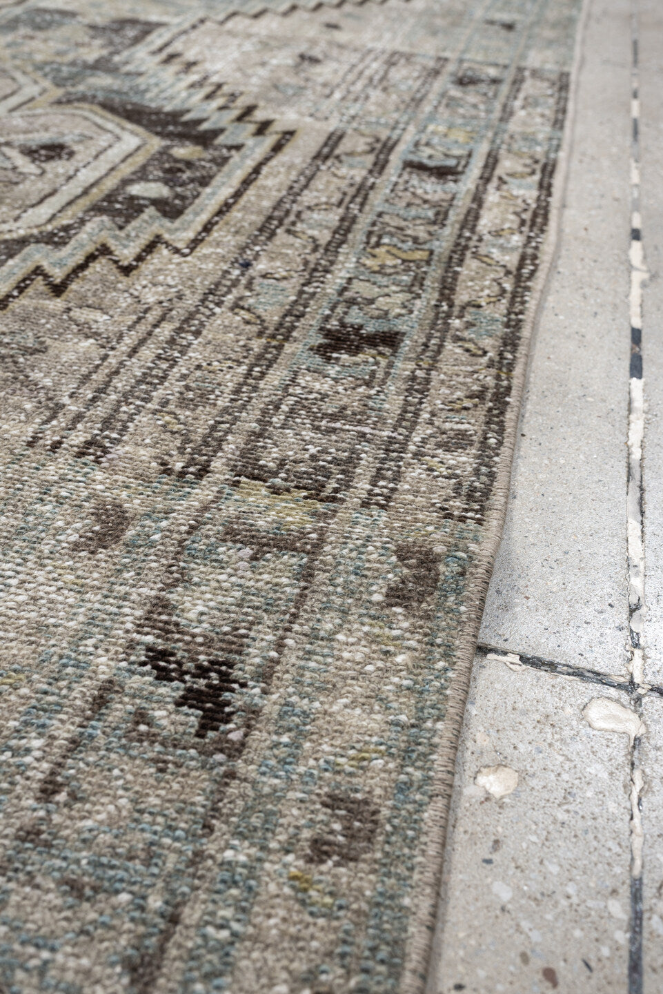 3' x 9' one-of-a-kind handmade antique Mazlagan runner rug. Color palette: blue gray, ivory, taupe, charcoal, brown, slate