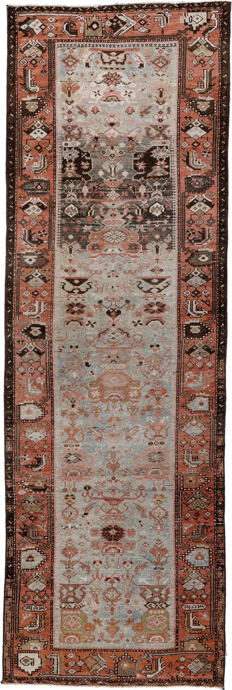 3' x 9' one-of-a-kind handmade antique Malayer runner rug. Color palette: blue gray, terracotta, dark brown, ivory, taupe