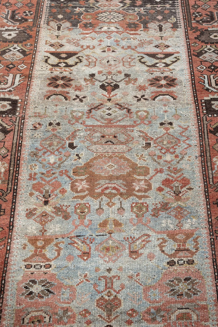 3' x 9' one-of-a-kind handmade antique Malayer runner rug. Color palette: blue gray, terracotta, dark brown, ivory, taupe