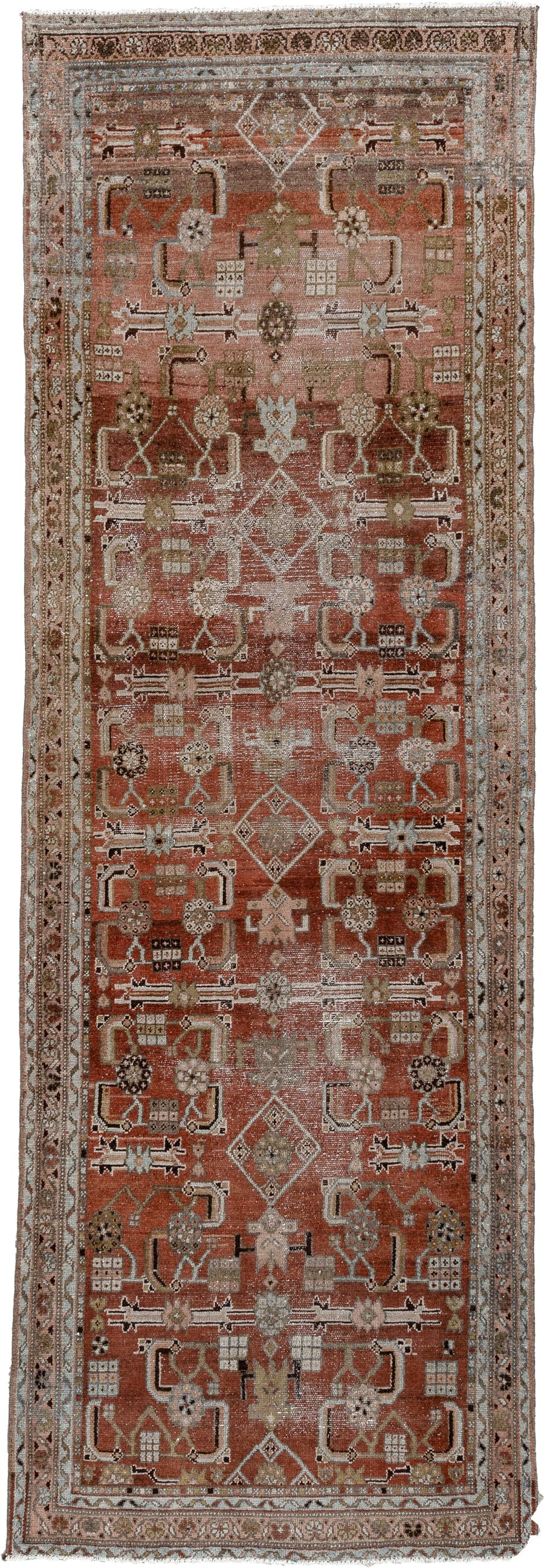 3' x 9' one-of-a-kind handmade antique Malayer runner rug. Color palette: rust, terracotta, ivory, taupe, olive, charcoal