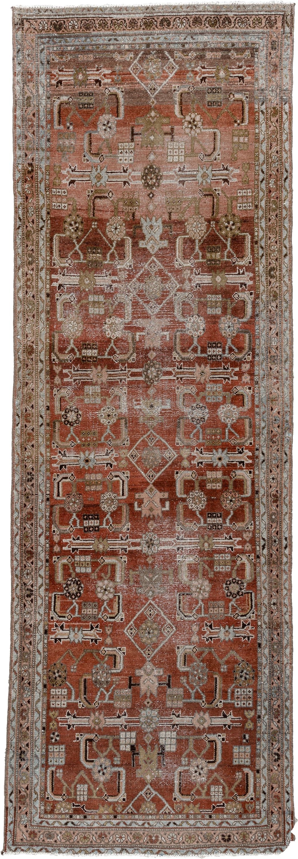3' x 9' one-of-a-kind handmade antique Malayer runner rug. Color palette: rust, terracotta, ivory, taupe, olive, charcoal