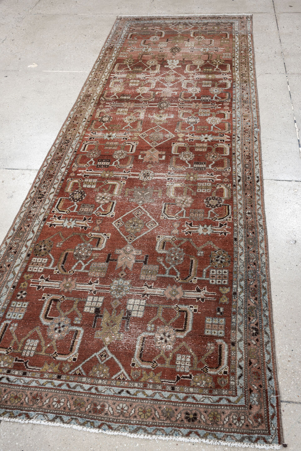 3' x 9' one-of-a-kind handmade antique Malayer runner rug. Color palette: rust, terracotta, ivory, taupe, olive, charcoal