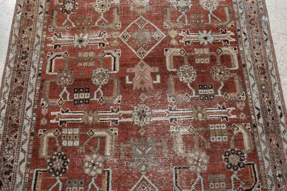 3' x 9' one-of-a-kind handmade antique Malayer runner rug. Color palette: rust, terracotta, ivory, taupe, olive, charcoal