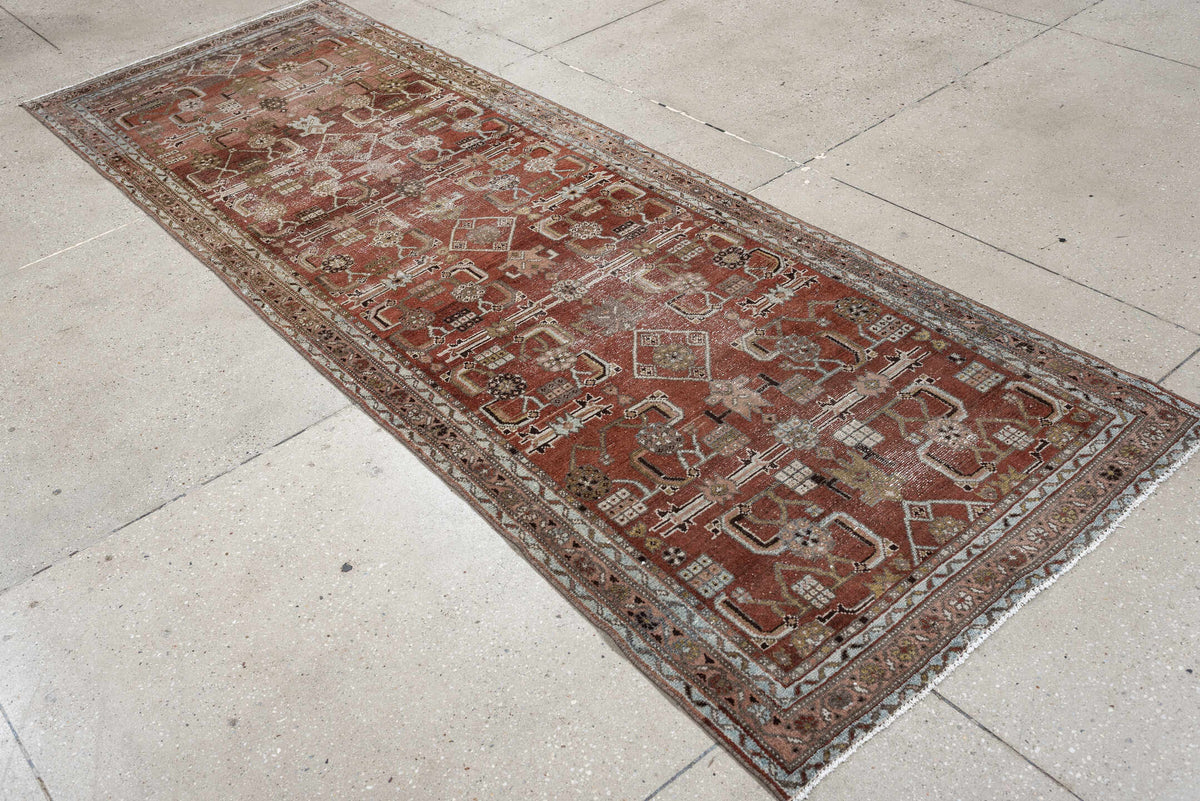 3' x 9' one-of-a-kind handmade antique Malayer runner rug. Color palette: rust, terracotta, ivory, taupe, olive, charcoal