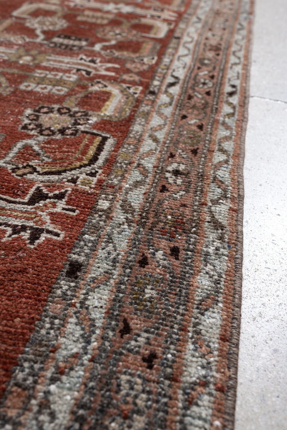 3' x 9' one-of-a-kind handmade antique Malayer runner rug. Color palette: rust, terracotta, ivory, taupe, olive, charcoal