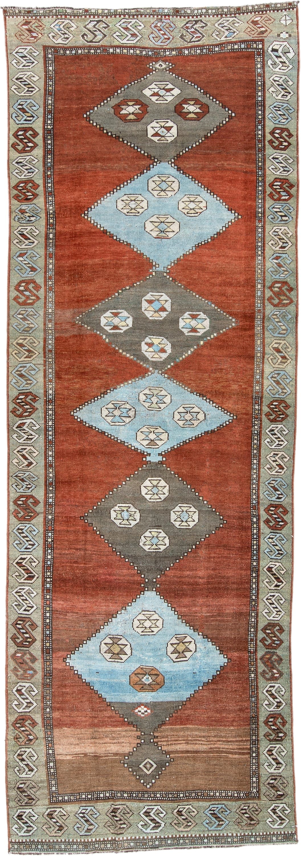 3' x 10' one-of-a-kind handmade antique Kurd runner rug. Color palette: rust, terra cotta, pale blue, taupe, ivory, sage