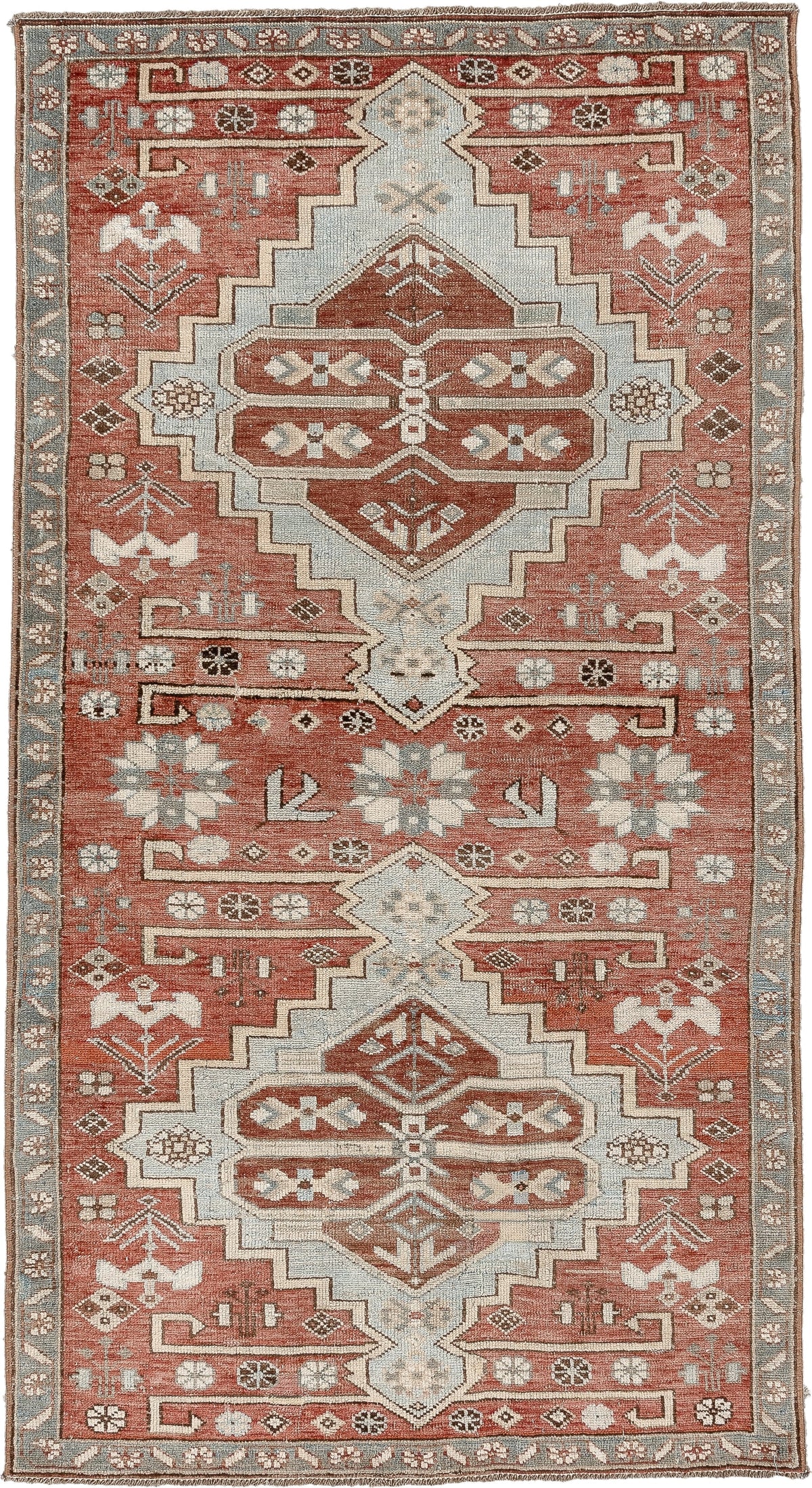 3' x 5' one-of-a-kind handmade vintage Anatolian small size rug. Color palette: terracotta, pale blue gray, ivory, slate