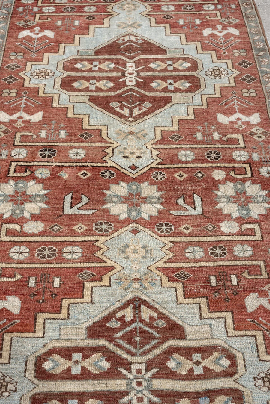 3' x 5' one-of-a-kind handmade vintage Anatolian small size rug. Color palette: terracotta, pale blue gray, ivory, slate