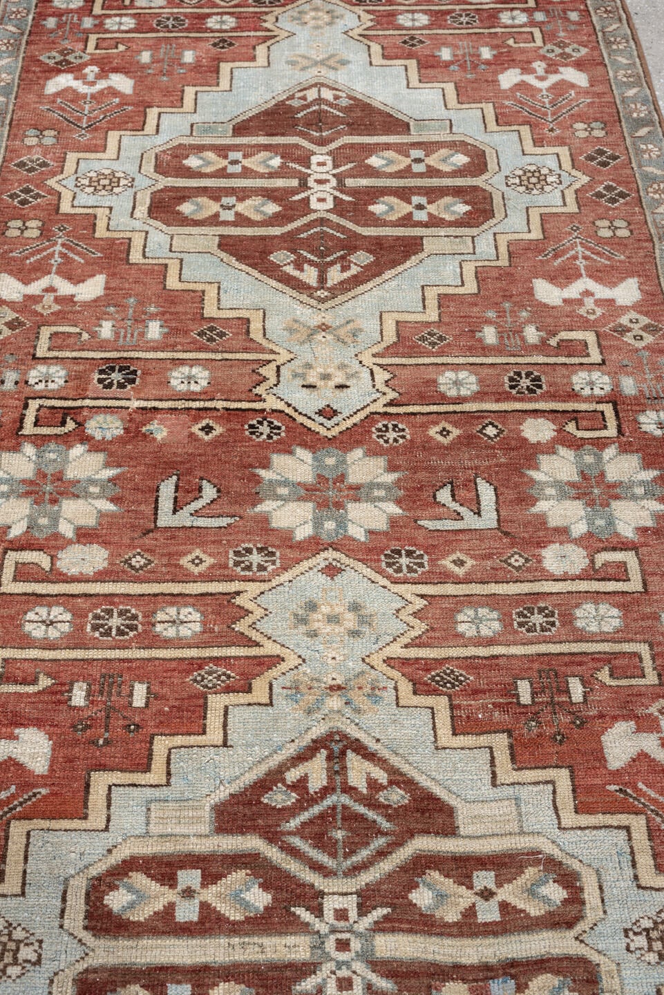 3' x 5' one-of-a-kind handmade vintage Anatolian small size rug. Color palette: terracotta, pale blue gray, ivory, slate