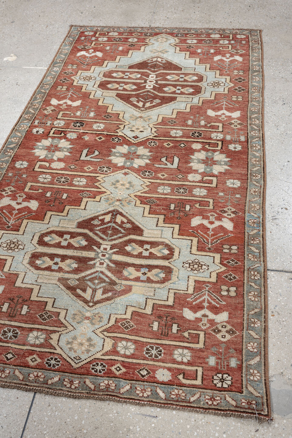 3' x 5' one-of-a-kind handmade vintage Anatolian small size rug. Color palette: terracotta, pale blue gray, ivory, slate