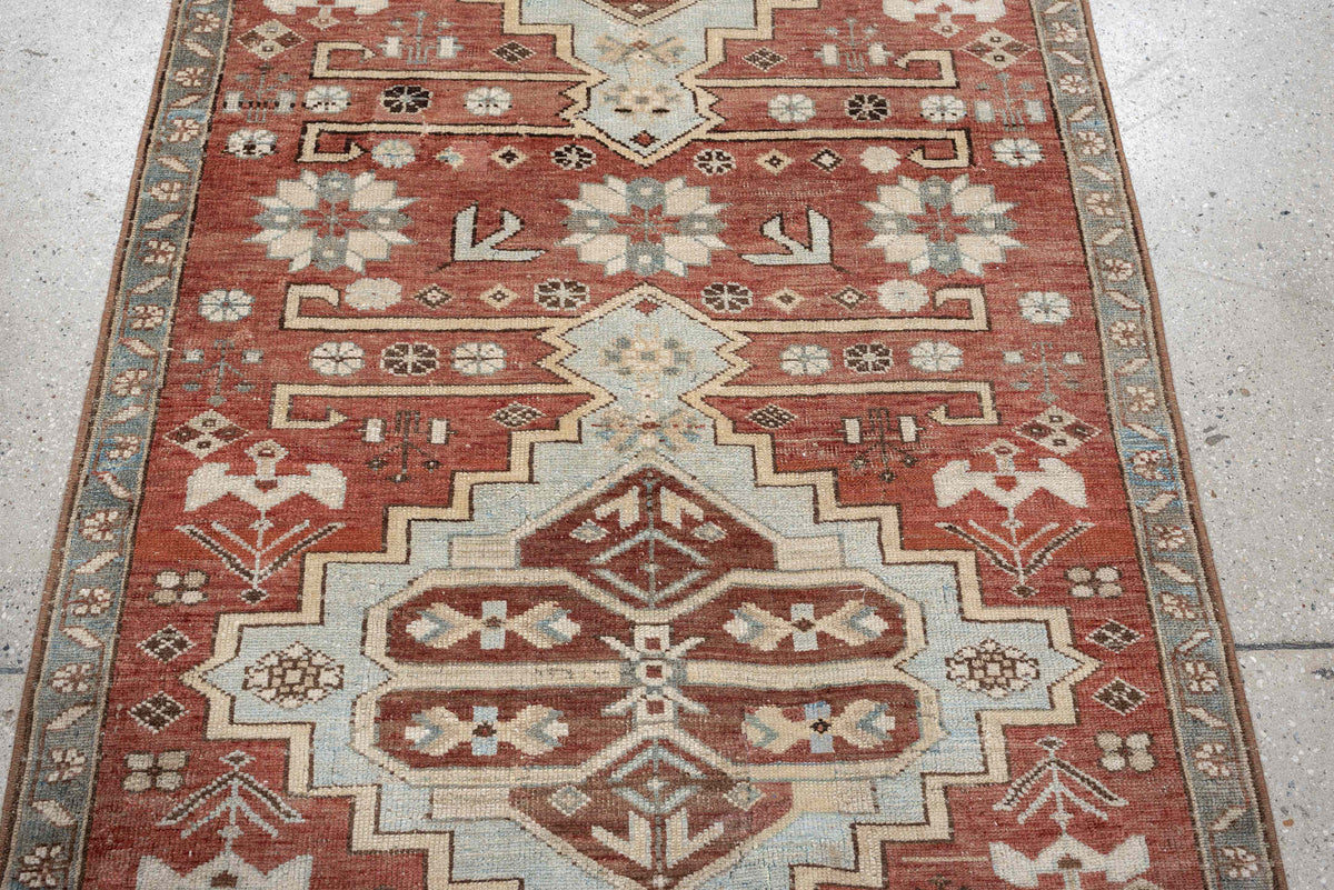 3' x 5' one-of-a-kind handmade vintage Anatolian small size rug. Color palette: terracotta, pale blue gray, ivory, slate