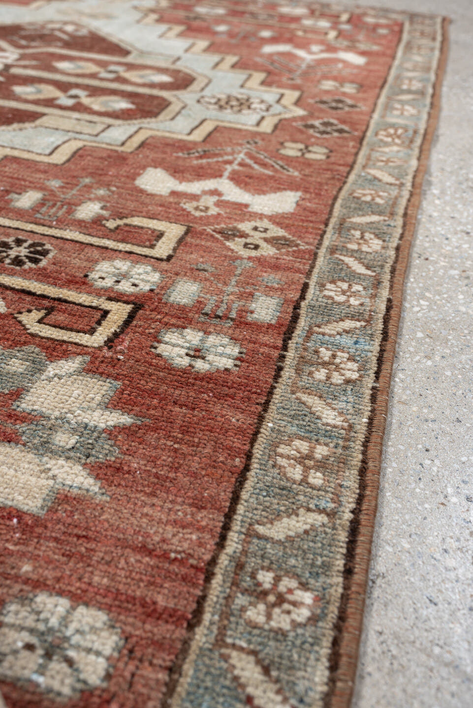 3' x 5' one-of-a-kind handmade vintage Anatolian small size rug. Color palette: terracotta, pale blue gray, ivory, slate