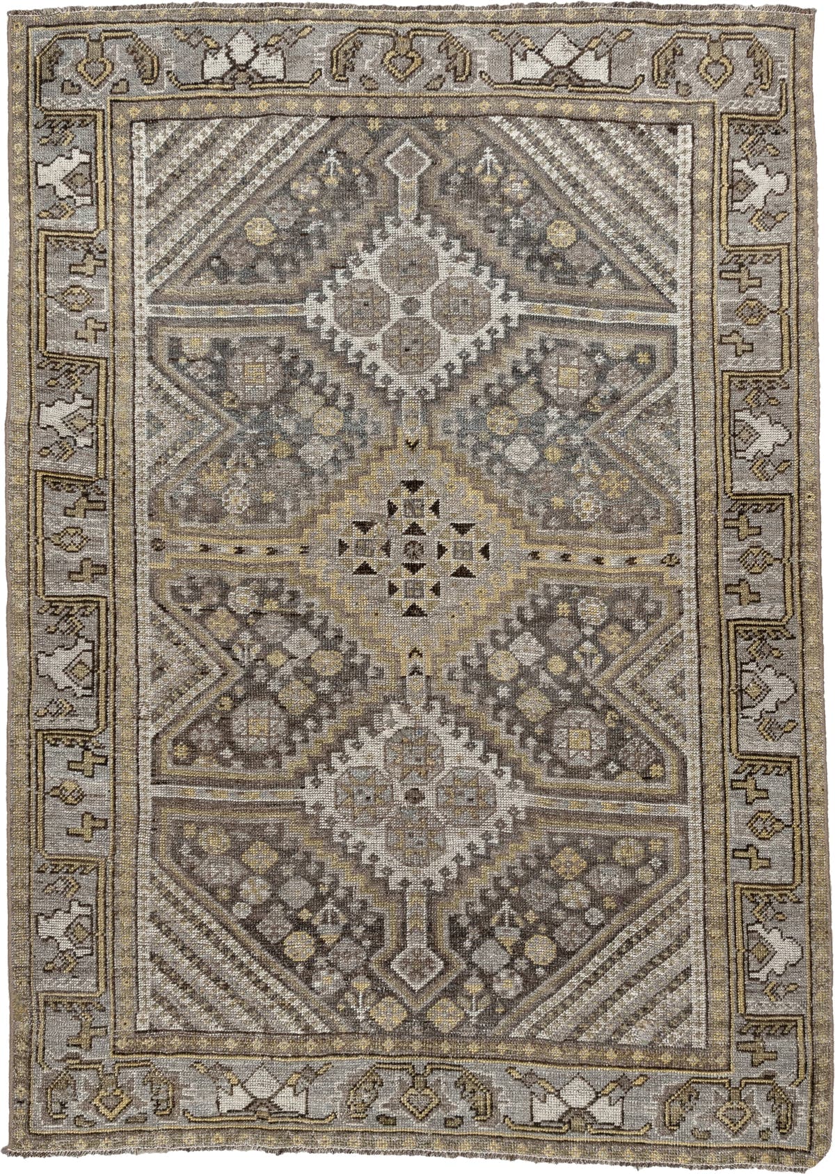 4' x 5' one-of-a-kind handmade antique Shiraz small size rug. Color palette: taupe, charcoal, ivory, soft gold, gray, brown