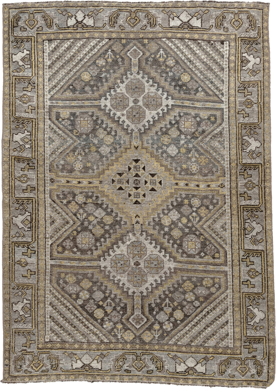 4' x 5' one-of-a-kind handmade antique Shiraz small size rug. Color palette: taupe, charcoal, ivory, soft gold, gray, brown