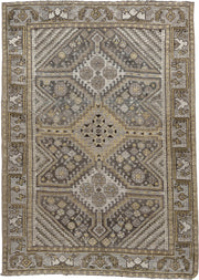 4' x 5' one-of-a-kind handmade antique Shiraz small size rug. Color palette: taupe, charcoal, ivory, soft gold, gray, brown