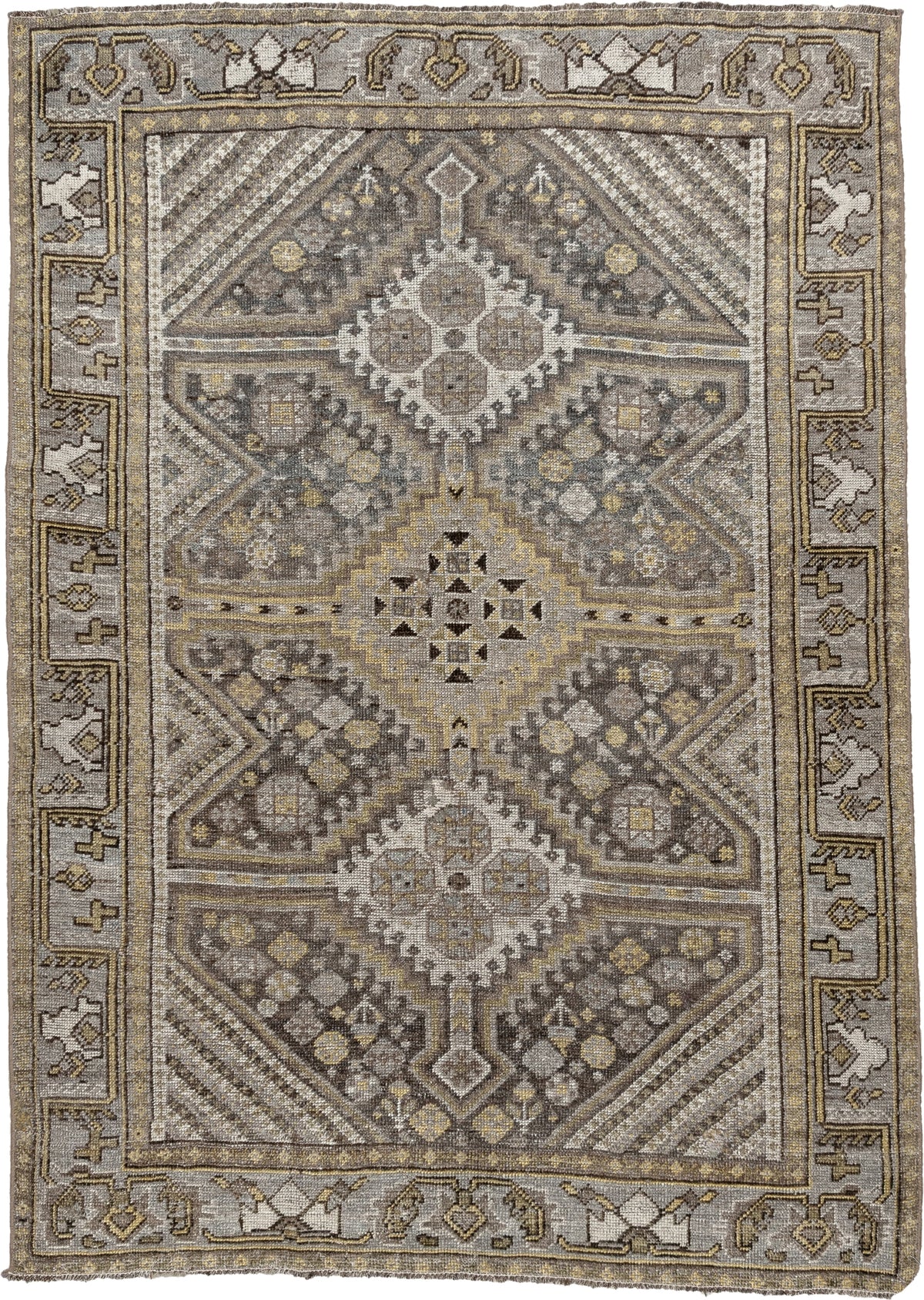 4' x 5' one-of-a-kind handmade antique Shiraz small size rug. Color palette: taupe, charcoal, ivory, soft gold, gray, brown